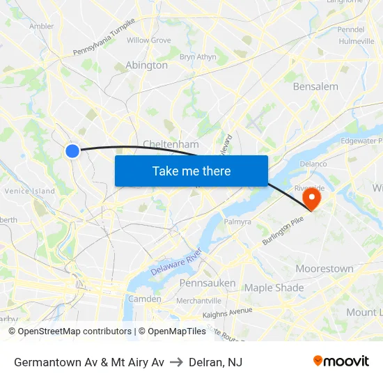 Germantown Av & Mt Airy Av to Delran, NJ map