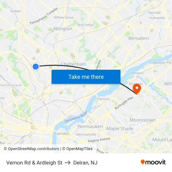 Vernon Rd & Ardleigh St to Delran, NJ map