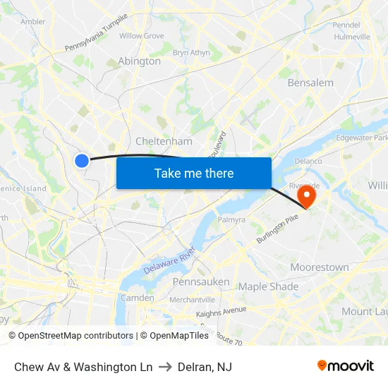 Chew Av & Washington Ln to Delran, NJ map