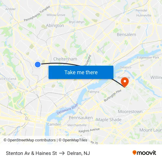 Stenton Av & Haines St to Delran, NJ map