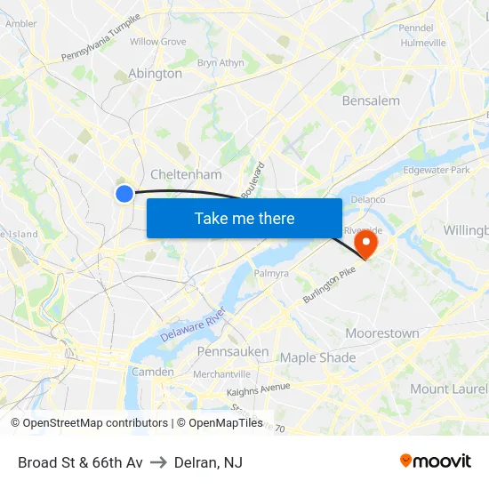 Broad St & 66th Av to Delran, NJ map