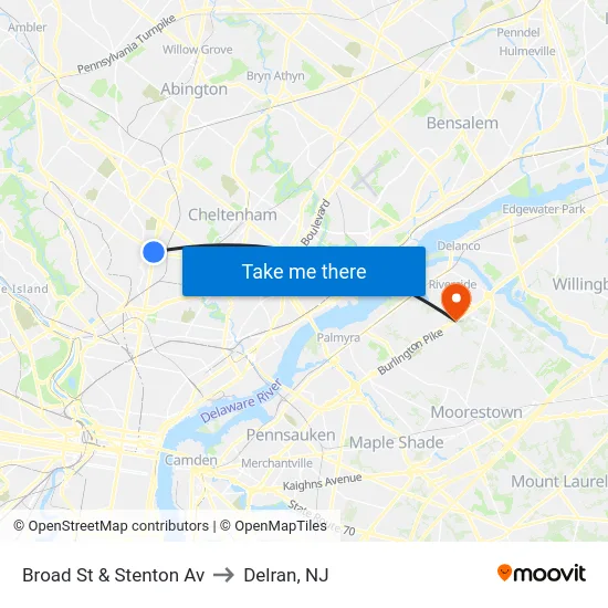 Broad St & Stenton Av to Delran, NJ map