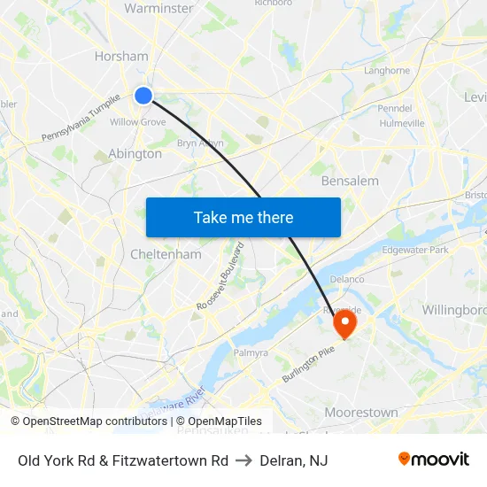 Old York Rd & Fitzwatertown Rd to Delran, NJ map