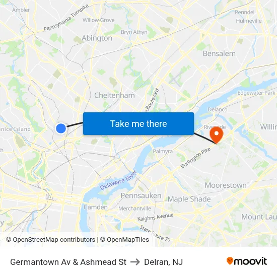 Germantown Av & Ashmead St to Delran, NJ map