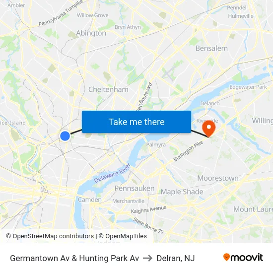 Germantown Av & Hunting Park Av to Delran, NJ map