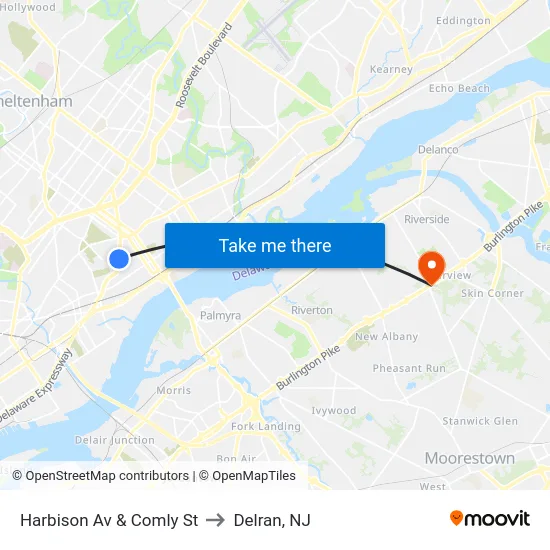 Harbison Av & Comly St to Delran, NJ map