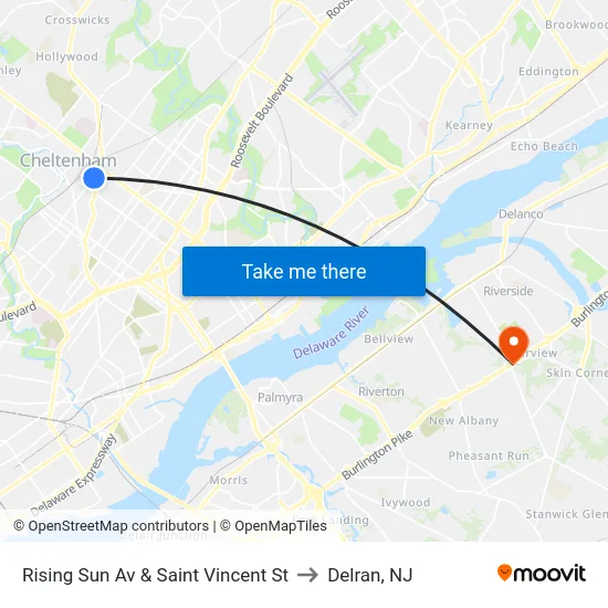 Rising Sun Av & Saint Vincent St to Delran, NJ map