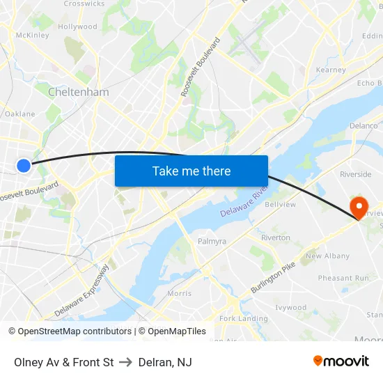 Olney Av & Front St to Delran, NJ map
