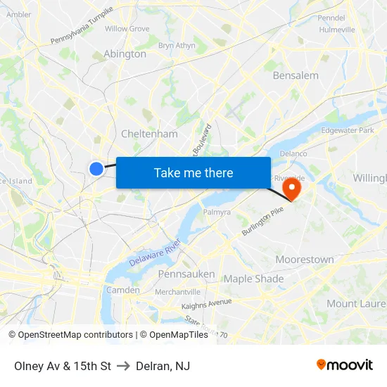 Olney Av & 15th St to Delran, NJ map