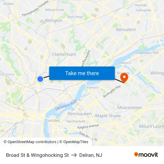 Broad St & Wingohocking St to Delran, NJ map