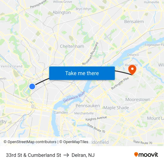 33rd St & Cumberland St to Delran, NJ map