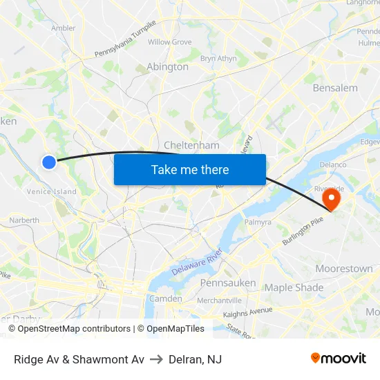 Ridge Av & Shawmont Av to Delran, NJ map