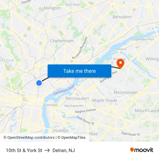10th St & York St to Delran, NJ map