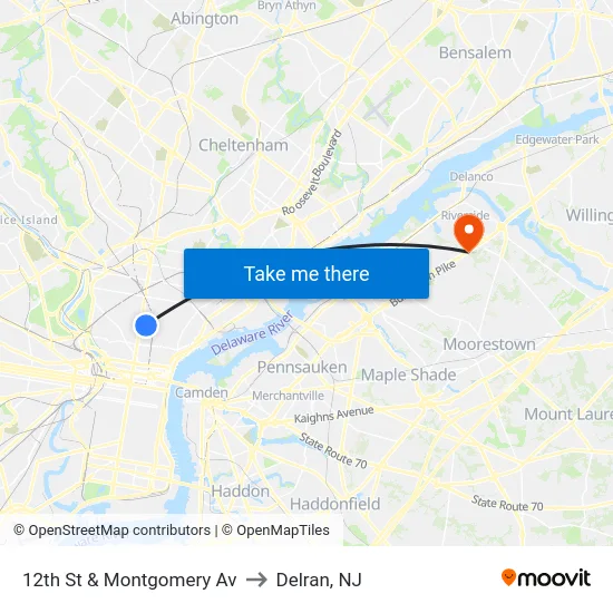 12th St & Montgomery Av to Delran, NJ map