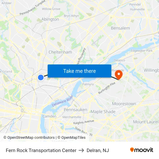 Fern Rock Transportation Center to Delran, NJ map