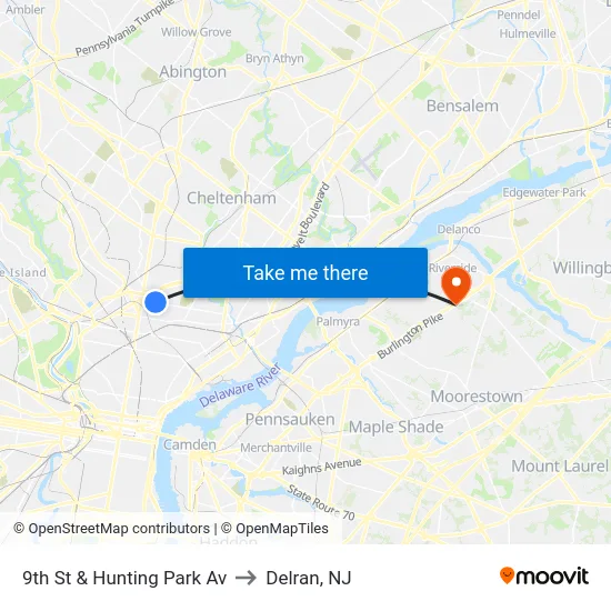 9th St & Hunting Park Av to Delran, NJ map