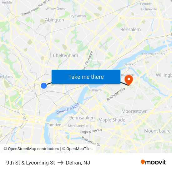 9th St & Lycoming St to Delran, NJ map