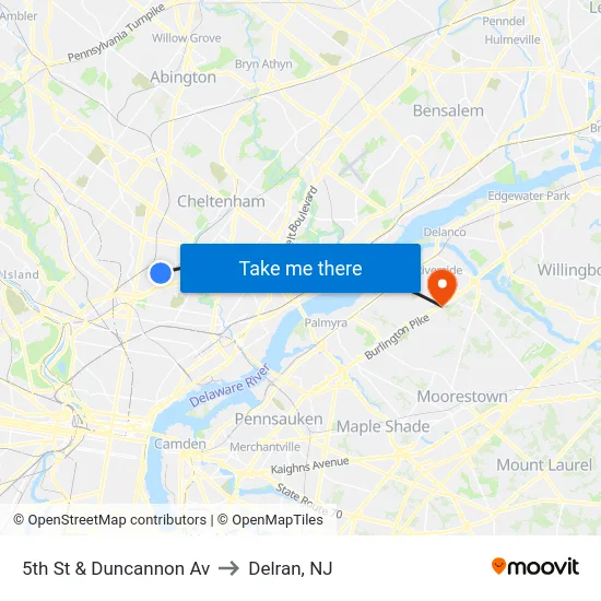 5th St & Duncannon Av to Delran, NJ map