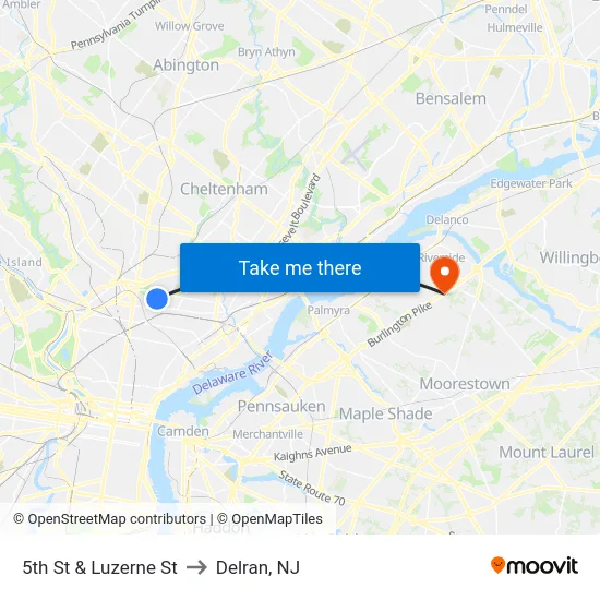 5th St & Luzerne St to Delran, NJ map