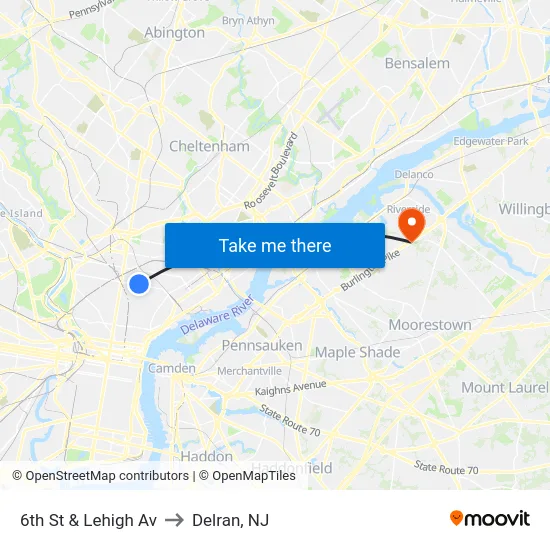 6th St & Lehigh Av to Delran, NJ map