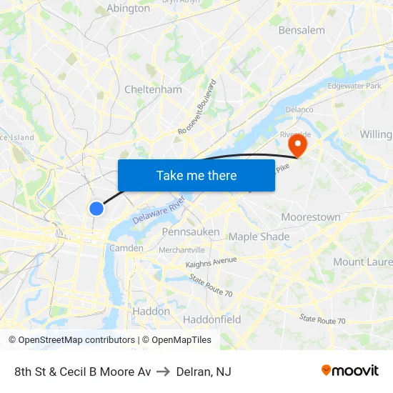 8th St & Cecil B Moore Av to Delran, NJ map