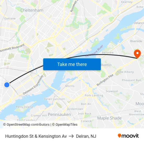 Huntingdon St & Kensington Av to Delran, NJ map