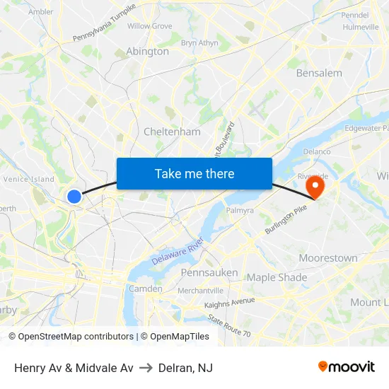 Henry Av & Midvale Av to Delran, NJ map
