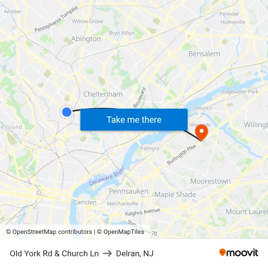 Old York Rd & Church Ln to Delran, NJ map