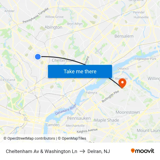 Cheltenham Av & Washington Ln to Delran, NJ map