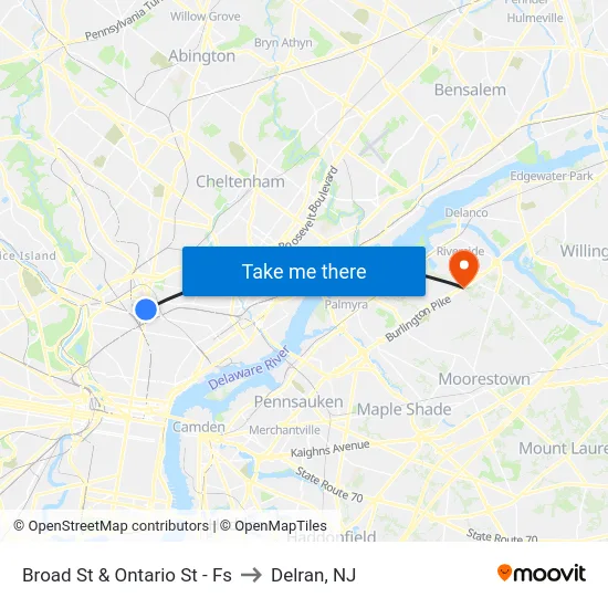 Broad St & Ontario St - Fs to Delran, NJ map