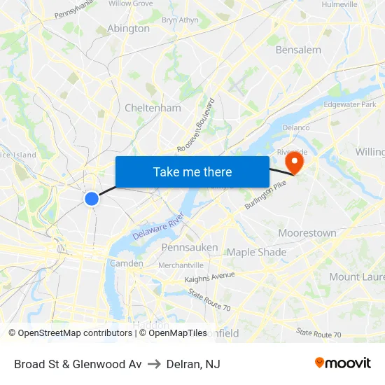 Broad St & Glenwood Av to Delran, NJ map