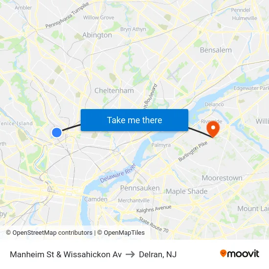 Manheim St & Wissahickon Av to Delran, NJ map