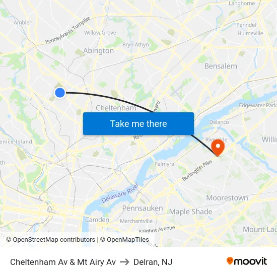 Cheltenham Av & Mt Airy Av to Delran, NJ map
