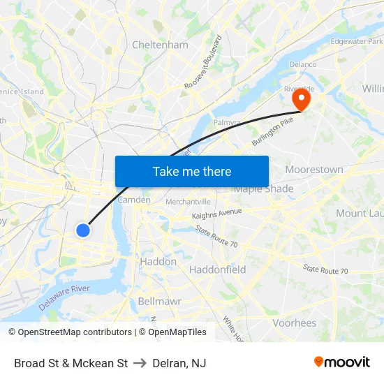 Broad St & Mckean St to Delran, NJ map
