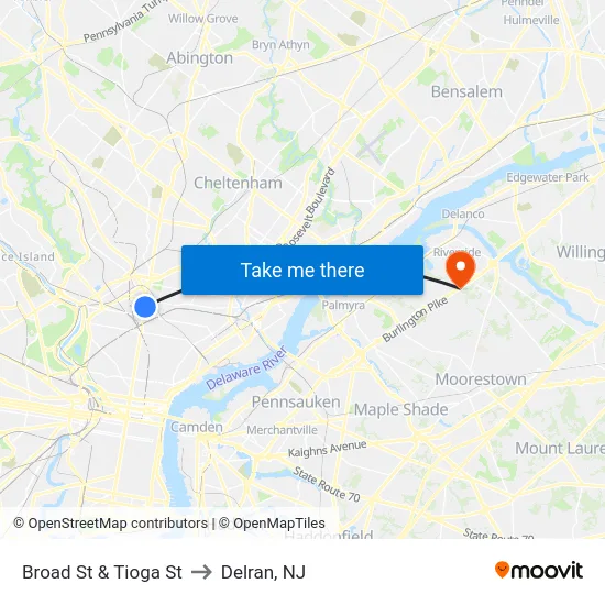 Broad St & Tioga St to Delran, NJ map