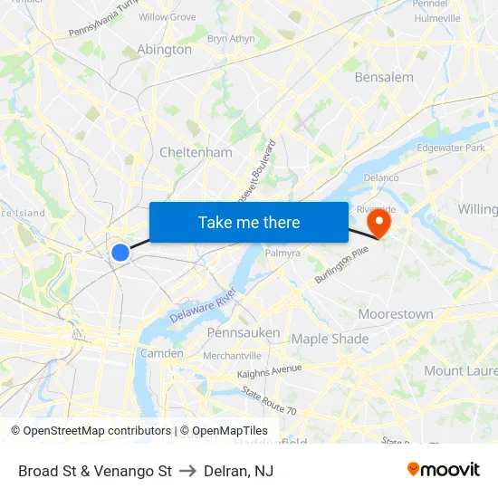 Broad St & Venango St to Delran, NJ map