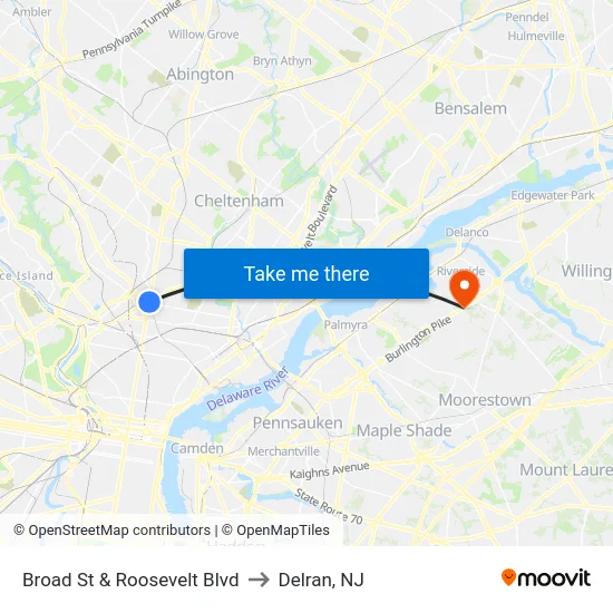 Broad St & Roosevelt Blvd to Delran, NJ map