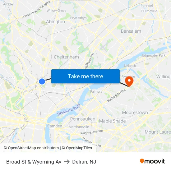 Broad St & Wyoming Av to Delran, NJ map
