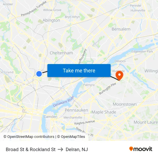 Broad St & Rockland St to Delran, NJ map