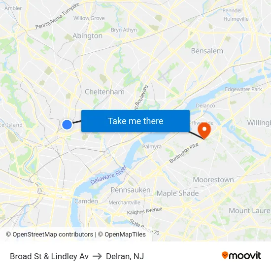 Broad St & Lindley Av to Delran, NJ map