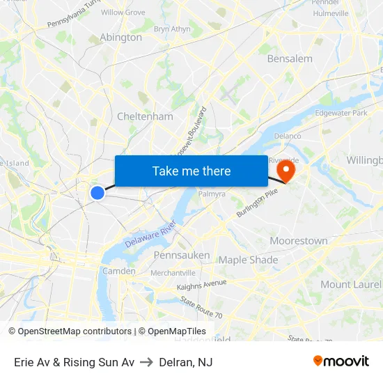 Erie Av & Rising Sun Av to Delran, NJ map