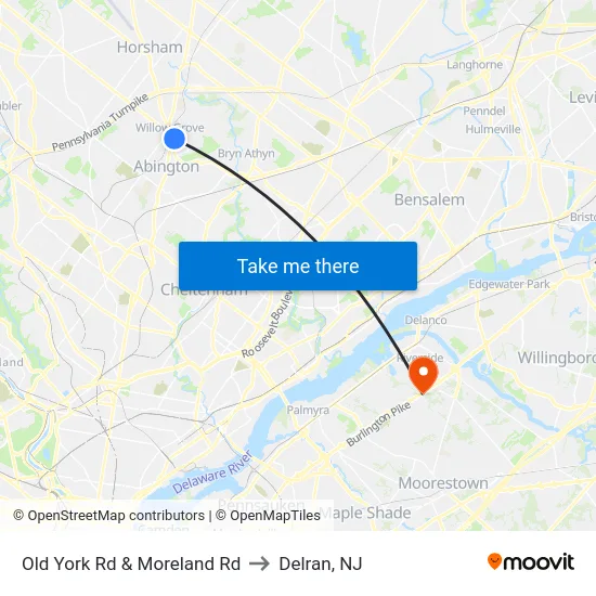 Old York Rd & Moreland Rd to Delran, NJ map