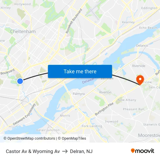Castor Av & Wyoming Av to Delran, NJ map