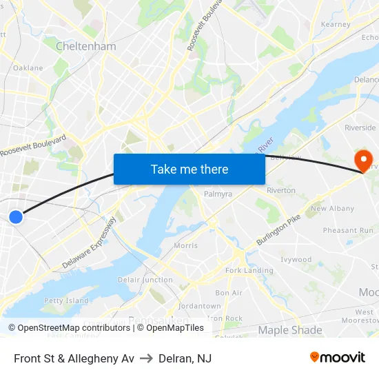Front St & Allegheny Av to Delran, NJ map