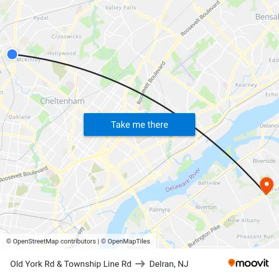 Old York Rd & Township Line Rd to Delran, NJ map