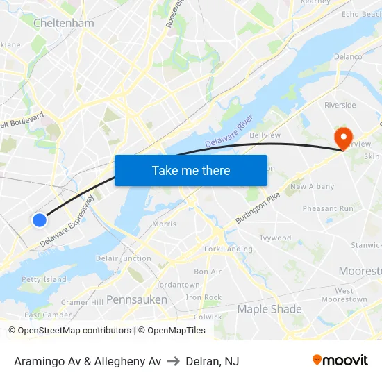 Aramingo Av & Allegheny Av to Delran, NJ map