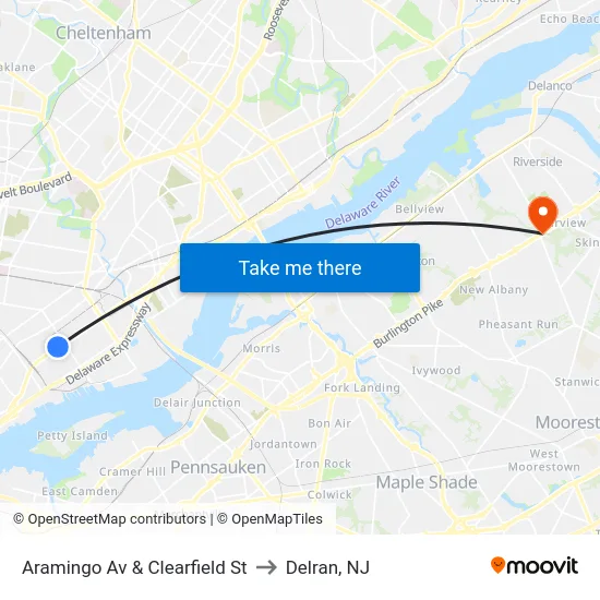 Aramingo Av & Clearfield St to Delran, NJ map