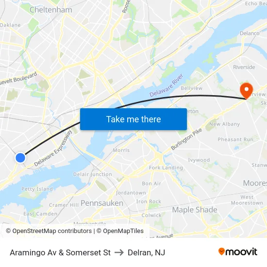 Aramingo Av & Somerset St to Delran, NJ map