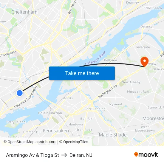 Aramingo Av & Tioga St to Delran, NJ map