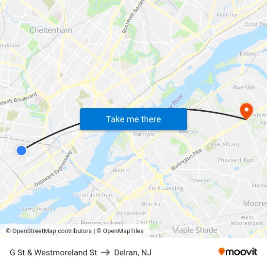 G St & Westmoreland St to Delran, NJ map